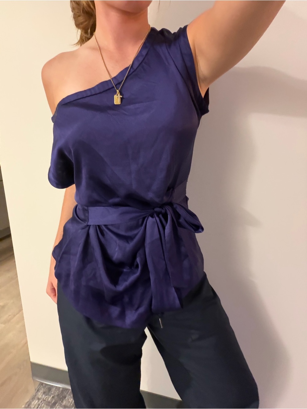 New York & Company One-Shoulder Satin Top in Deep Blue with Waist Tie